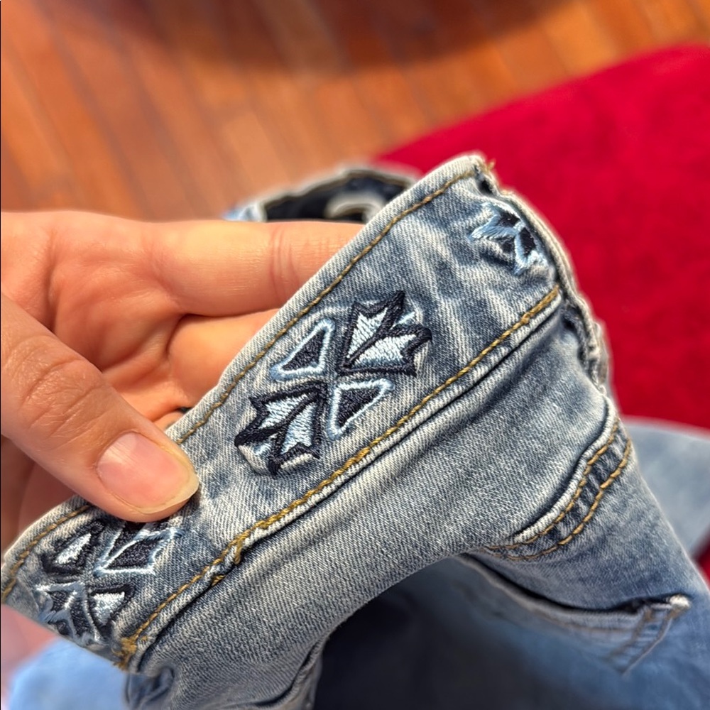 Blue Straight Leg Jeans with Distressed Detailing